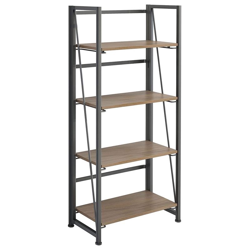 GHQME Space Saving Industrial Style 4 Tiered Folding Storage Bookcase w/ Durable Particleboard Shelves and Wide Metal Cross Bar Frame, Brown and Black, 2 of 6