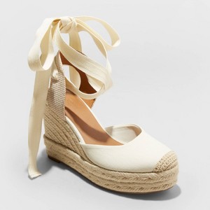 Women's Adriana Ankle Wrap Wedge Heels with Memory Foam Insole - Universal Thread™ Cream - 1 of 4