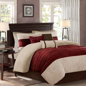 7 Pcs Bed in a Bag Luxury Faux Suede Design Premium Comforter Set, Striped Accent All Season Bedding, Royal Vintage Style Bed Set with Pillow Cases - 1 of 4