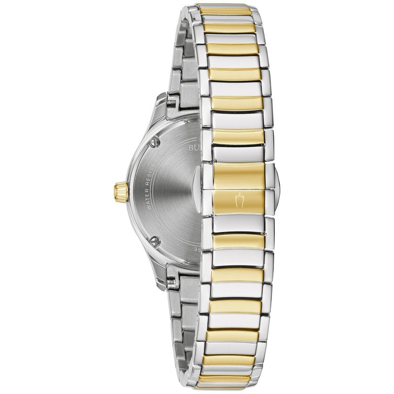 Bulova Ladies' Classic Diamond 3-Hand Quartz Two Tone Gold Stainless Steel Watch, 16 Diamonds, Mother-of-Pearl Dial, Curved Mineral Crystal, 3 of 7