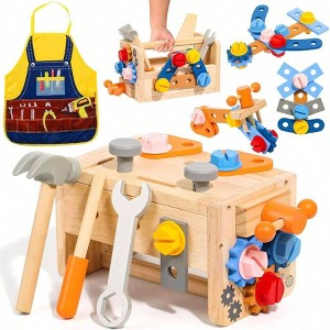Tool Set with Apron, 39 PCS Wooden Tool BenchToys for Educational Pretend Play Birthday Gift Multicolor Standard - 1 of 4