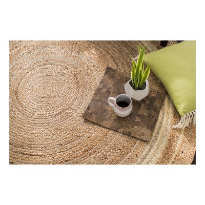 Sunrise Beige Tan Ivory Braided Wool Round Rug, 6' Diameter