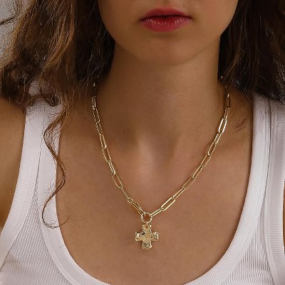 HTUTWOO Cross Necklace for Women Trendy 14K Gold Silver Statement Cross Pendant Charm Necklace Vintage Herringbone Choker Chain Jewelry Gift