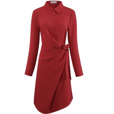 Hobemty Women's Long Sleeve Lapel Collar Faux Wrap Button Up Casual Shirt Dress