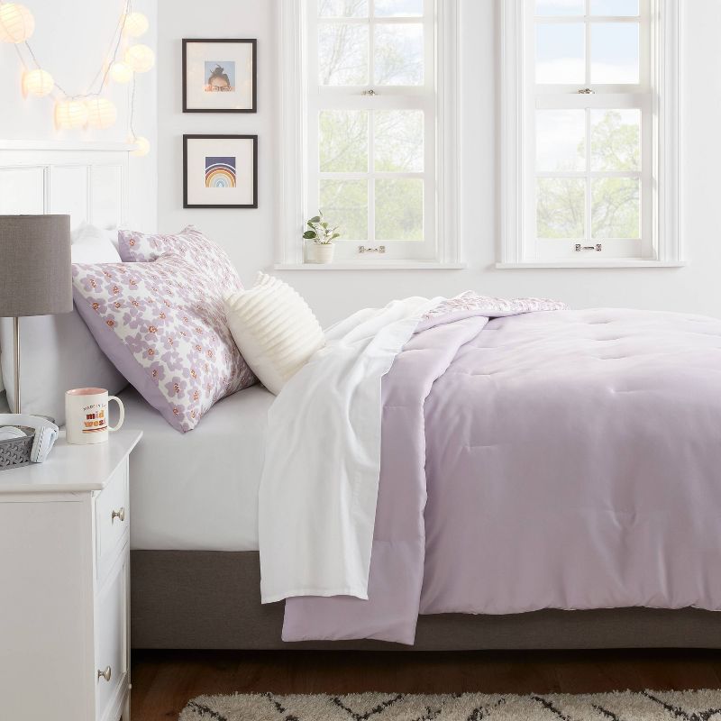 Reversible Microfiber Printed Comforter Ivory/Light Purple Floral - Room Essentials™, 4 of 6