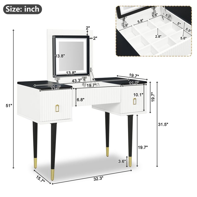 43.3" Modern Vanity Table Set with Flip-Up Mirror, LED Lights and Storage - ModernLuxe, 3 of 9