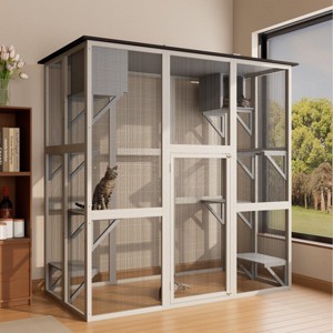 Large Outdoor Wooden Cat House with Metal Mesh, 6 Platforms and 2 Resting Boxes, Cat Enclosure for Patio or Backyard – The Pop Home - 1 of 4