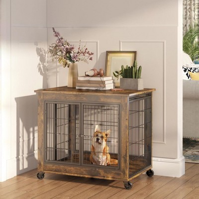 Dog Crate Furniture,Side End Table, Modern Wooden Kennel with Front/Side Doors,Top Opening and Closing & Bottom Wheels for Small Medium Dogs 30 lb