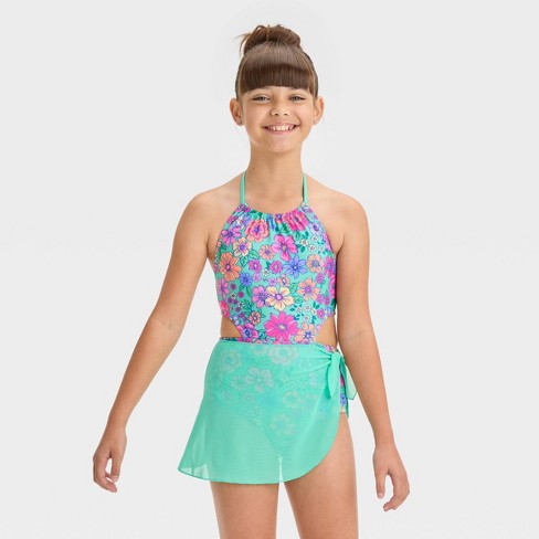 Abstract Floral Print Swimsuit with Recycled Polyester Green