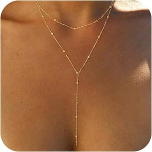 Lariat Gold Necklace for Women, Dainty Long Y - Shaped Pendant with Beads, Trendy Layered Chain Drop Necklace - 1 of 4