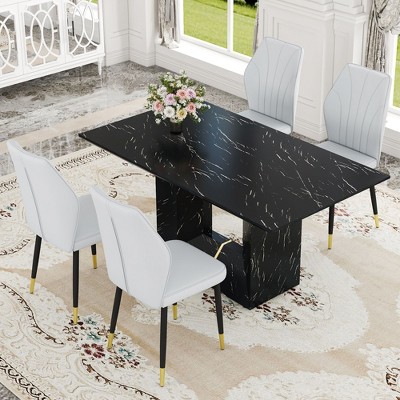 CAVINAS Dining Table Set for 4 Kitchen Table Black Marble Pattern MDF Dining Set with 4 White PU Chairs With a Widened Backrest Design