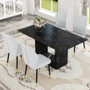 CAVINAS Dining Table Set for 4 Kitchen Table Black Marble Pattern MDF Dining Set with 4 White PU Chairs With a Widened Backrest Design - 1 of 4