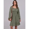Long Lantern Sleeve Swing Dress with Square Neck & Ruffle Hem, Elastic Waist A-Line Short Dress for Women, Fall Fashion Army Green - 3 of 4