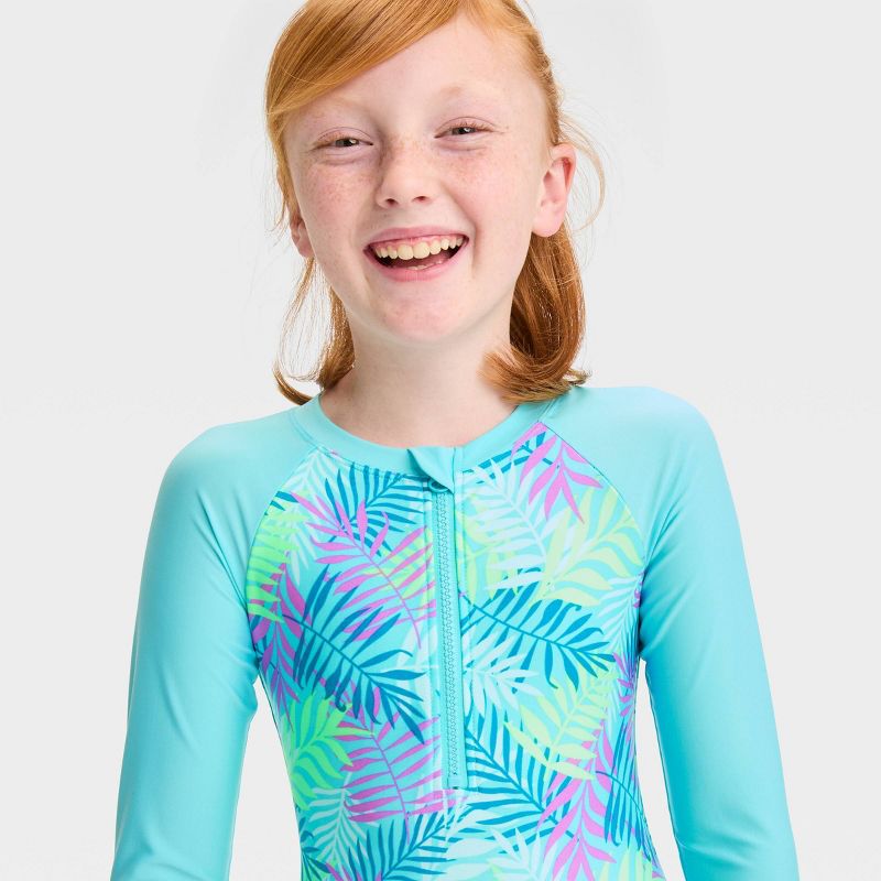 Girls' 'Beachy Palms' Leaf Printed One Piece Rash Guard Swimsuit - Cat & Jack™ Light Blue, 3 of 5