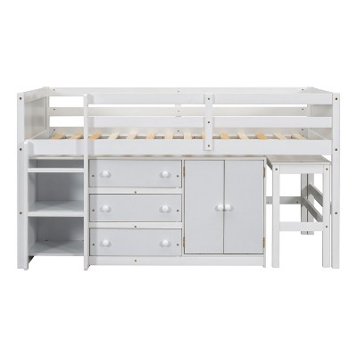 NicBex Twin Size Low Loft Bed with Pull-Out Desk,Drawers,Cabinet and Shelves for Kids Teens Adults,Gray/White