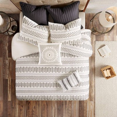 Sofia 20" Modern Medallion Embroidered Grey and Off-White Square Pillow