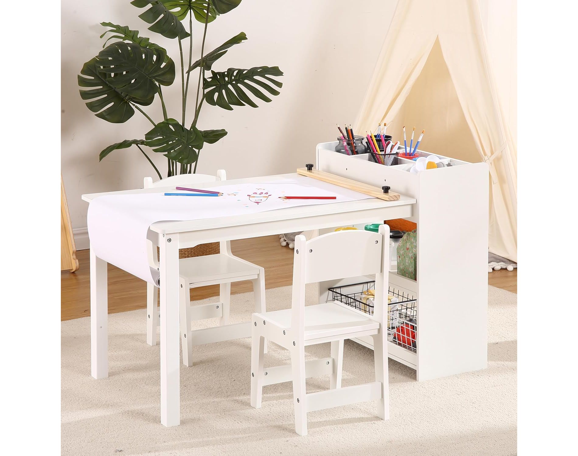 Kids Art Table and Chair Set – Wooden Activity Desk with Storage Shelves & Paper Roll Holder, Toddler Craft Station for Drawing, Writing & Play