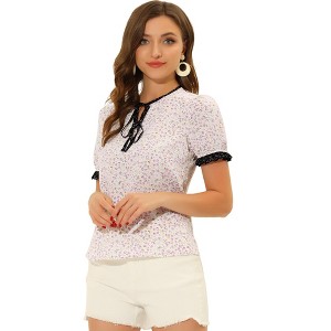 Allegra K Women's Tie Neck Short Sleeve Floral Blouse Tops - 1 of 4