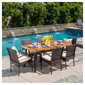 Bavaro 7pc Rectangle All-Weather Wicker and Wood Patio Dining Set - Brown/Cream - Christopher Knight Home: Galvanized Steel, Polyester Cushions - 1 of 4