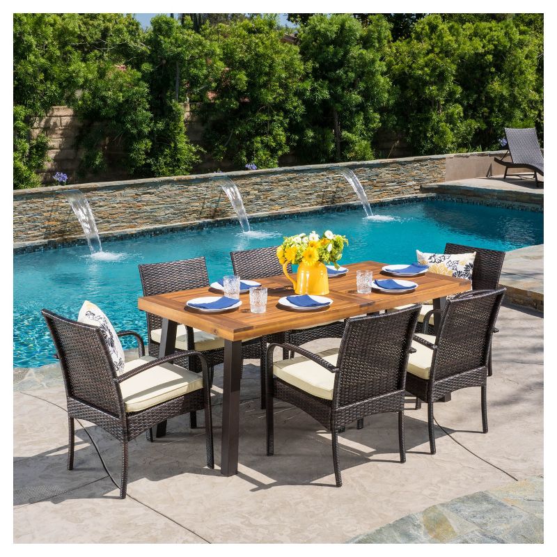 Bavaro 7pc Rectangle All-Weather Wicker and Wood Patio Dining Set - Brown/Cream - Christopher Knight Home, 1 of 7