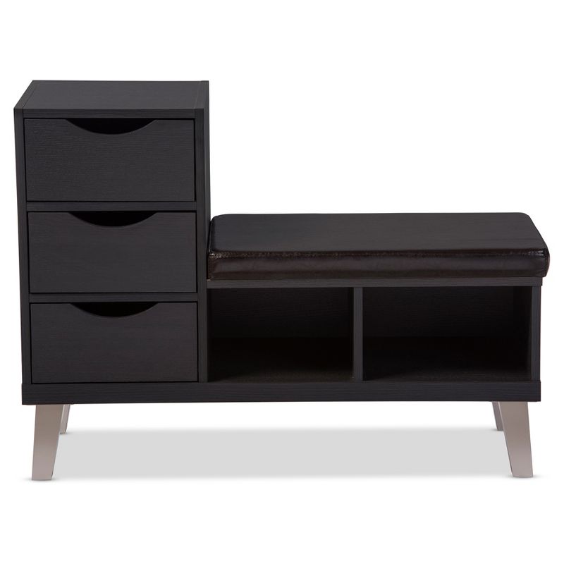 Arielle Modern and Contemporary Wood 3 - Drawer Shoe entryway benches with Two Open Shelves - Dark Brown - Baxton Studio, 3 of 6