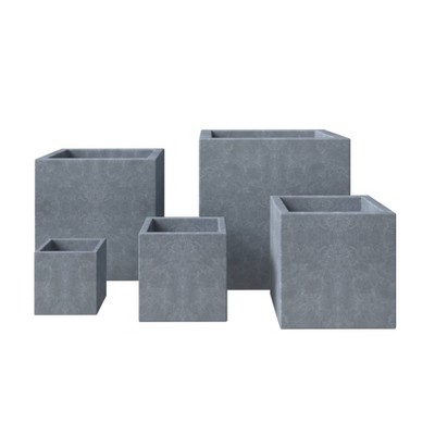 LeisureMod Fern 5-Piece Square Stone Planter Set with Drainage Holes and Covers, All-Weather Design for Indoor/Outdoor Use