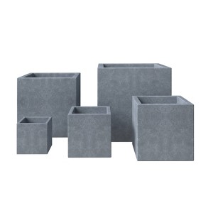 LeisureMod Fern 5-Piece Square Stone Planter Set with Drainage Holes and Covers, All-Weather Design for Indoor/Outdoor Use - 1 of 4