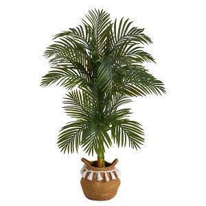 Nearly Natural 5-ft Artificial Double Stalk Golden Cane Palm Tree with Handmade Woven Cotton Basket - 1 of 4