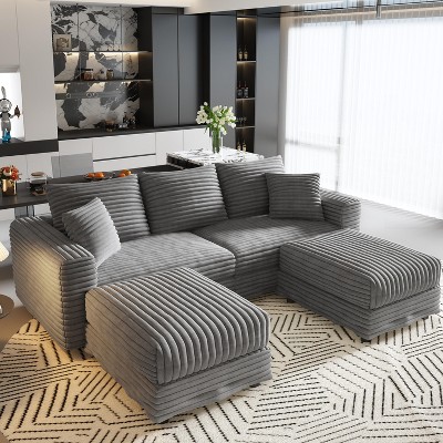 Racxily 82in Corduroy Sofa, 3-Seat Upholstered Sofa with 2 Ottomans, Grey Couches for Living Room, Convertible Sofa Lounge Chair