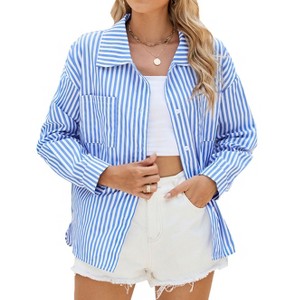 Coolmee Women's Striped Button Down Shirts Casual Long Sleeve Boyfriend Loose Collared Blouses Tops - 1 of 4