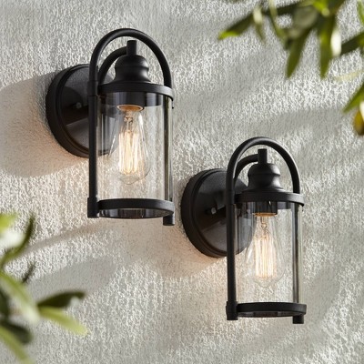 Black Metal and Clear Glass Outdoor Wall Light Set