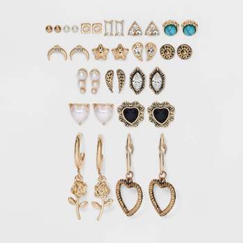 Rose Heart Icon Stud and Hoop Earring Set 18pc - Wild Fable™ Gold