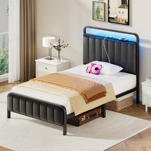 Greenstell Queen Bed Frame with Upholstered Headboard and Footboard & Charging Station & LED Lights Gray - 1 of 4
