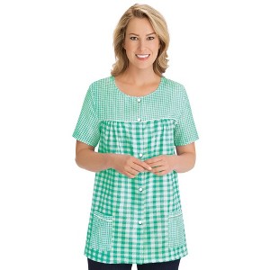 Collections Etc Seersucker Checkered Pattern Snap Front Top with Pockets, Lightweight Short-Sleeve Scoop Neckline Shirt - 1 of 4