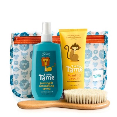 T is for Tame - Natural Taming Cream, Detangling Spray & Natural Bristle Brush for Frizz, Flyaways & Static, Safe for Babies and Kids, 3 ct.