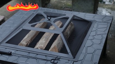 32-Inch Black Metal Fire Pit Table with Mesh Cover and Poker