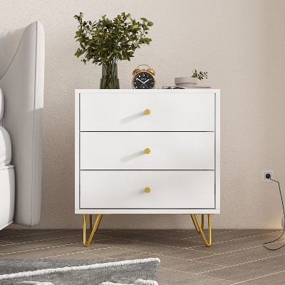 FUFU&GAGA 3 - Drawer White Nightstand Gold Components with Fashionable Designs