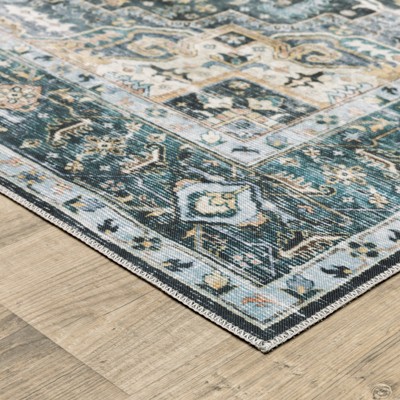 Charleston Blue and Ivory Washable Polyester 8x10 Area Rug