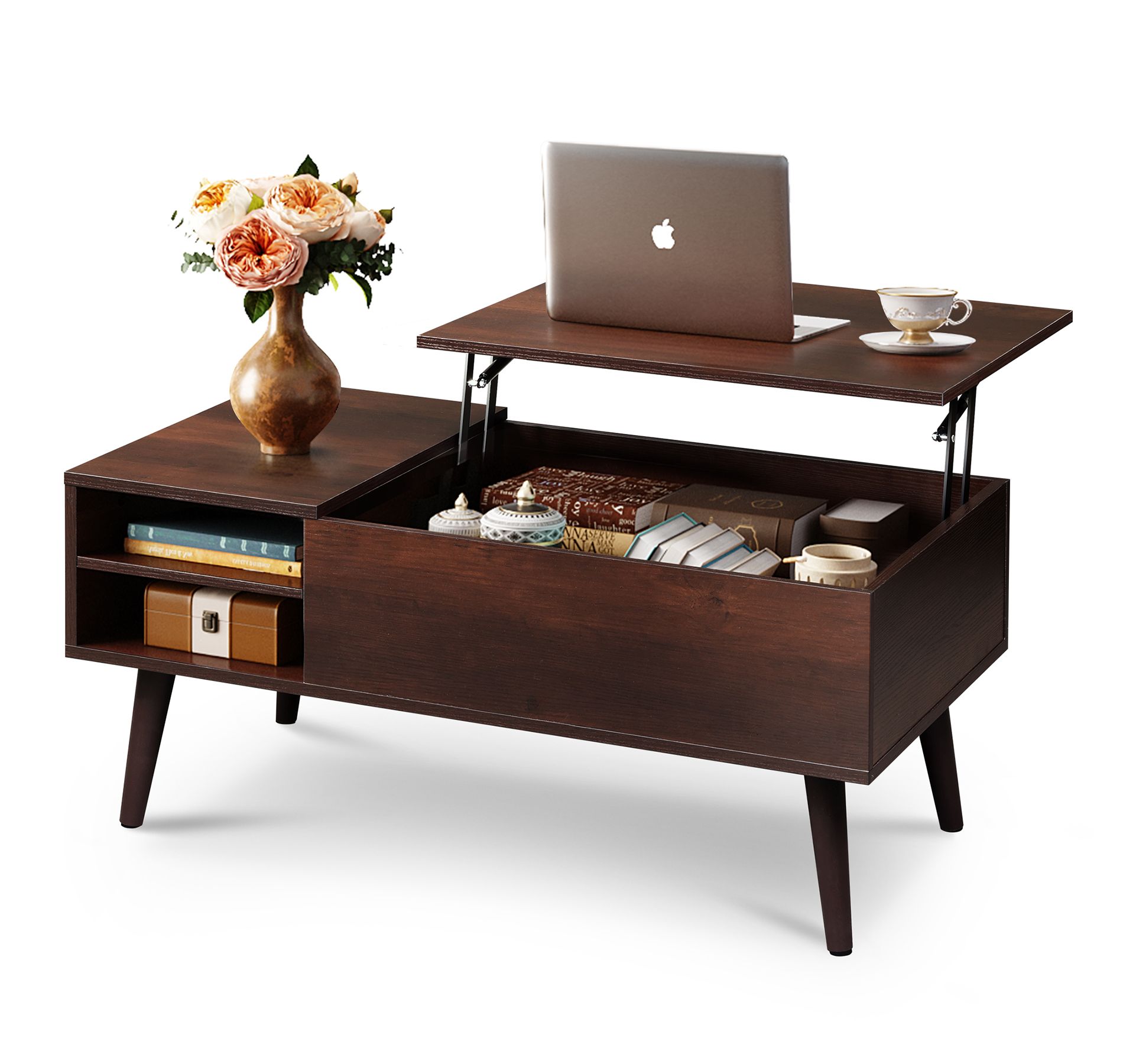 GALAXHERO Wood Lift Top Coffee Table with Hidden Compartment and Adjustable Storage Shelf, Lift Tabletop Dining Table, Espresso.