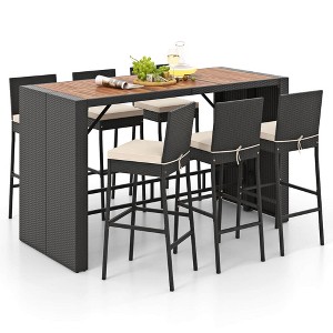 Costway 7 Pieces Patio Bar Set with Acacia Wood Tabletop & Removable Cushions Outdoor - 1 of 4