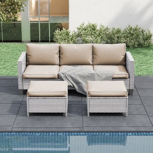 Sonkuki 3-Seater Patio Sofa Set Brown/Gray Rattan with Ottomans - 1 of 4