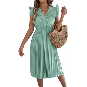 Women's Pleated Lace V Neck Midi Dress Ruffle Short Sleeve Summer Casual  Flowy Swing Feminine Dress : Target
