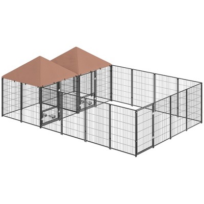 PawHut Dog Kennel Outside, Large Outdoor Dog Kennel with Rotating & Adjustable Height Bowls