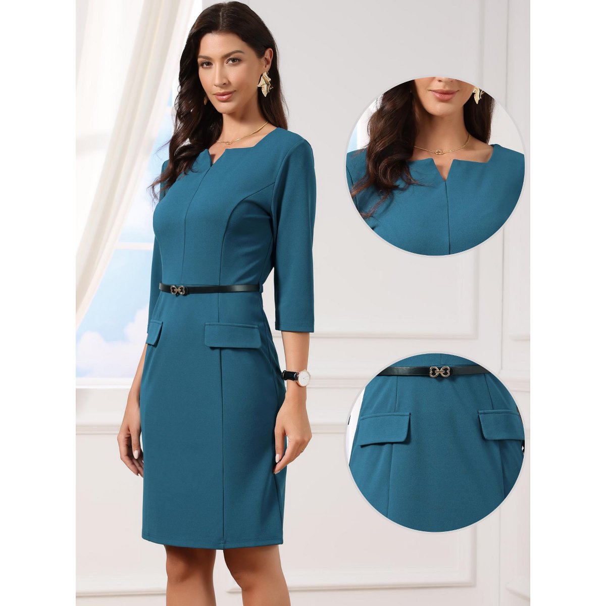 Женские платья INSPIRE CHIC Women's 3/4 Sleeve V Neck Casual Business Office Bodycon Sheath Dresses with Belt Small Blue — фото 2