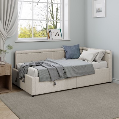 CAVINAS Twin Size L-Shape Corner Bed Frame with 2 Storage Drawers,Linen Upholstered Daybed for Kids Room,Bedroom