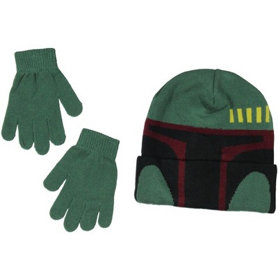 Star Wars Boba Fett Boy's Winter Cuff Knit Beanie w/Gloves Set Cold Weather OSFM