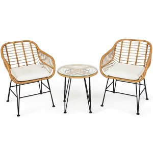 Dsvimoy Accent Chair Rattan Furniture Set of 3 Cushioned Chairs and Table for Patio or Balcony, White, 60"*40"*30" - 1 of 4