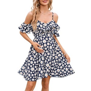 Maternity Nursing Dress Womens V-Neck Spaghetti Strap Ruffle Sleeve Daisy Printed Floral A-Line Tiered Flowy Swing Dress - 1 of 3