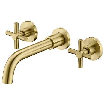 SUMERAIN Wall Mount Bathroom Faucet Two Cross Handles with Brass Rough-in Valve, Brushed Gold