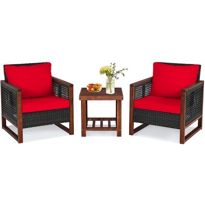Tangkula 3PCS Patio Rattan Bistro Set Acacia Wood Frame Cushioned Sofa and Side Table